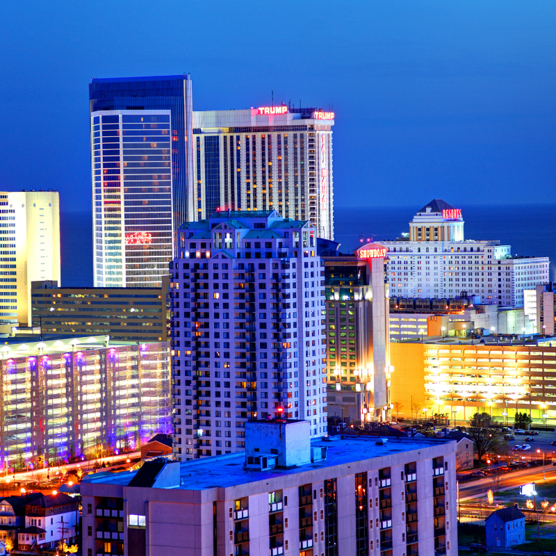 Atlantic City boardwalk and casinos at dusk