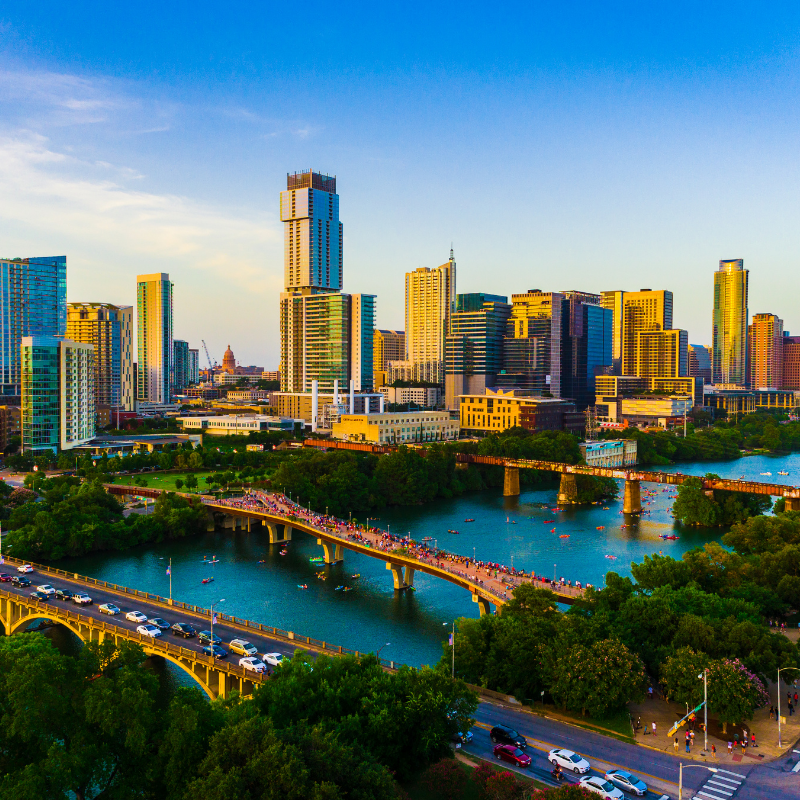 Austin, Texas skyline at sunset over the river